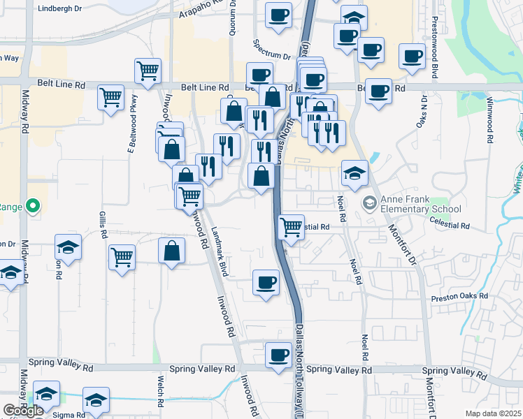 map of restaurants, bars, coffee shops, grocery stores, and more near 5000 Quorum Drive in Dallas