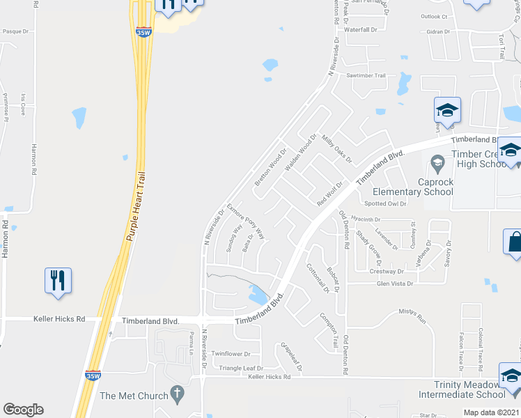map of restaurants, bars, coffee shops, grocery stores, and more near 11901 Brown Fox Drive in Fort Worth