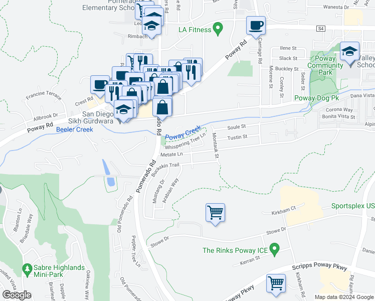 map of restaurants, bars, coffee shops, grocery stores, and more near 12860 Poway Oaks Drive in Poway