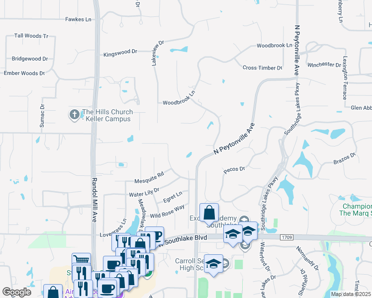 map of restaurants, bars, coffee shops, grocery stores, and more near 500 North Peytonville Avenue in Southlake