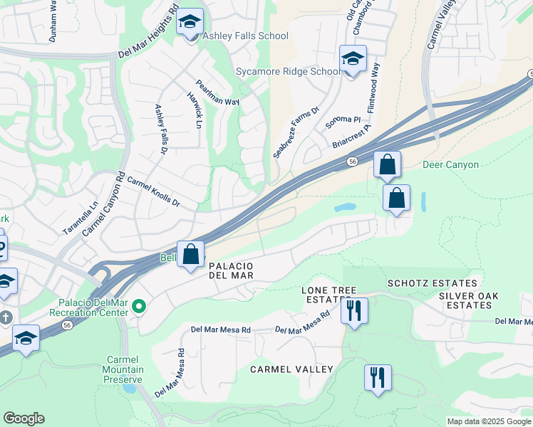 map of restaurants, bars, coffee shops, grocery stores, and more near 12636 Caminito Radiante in San Diego