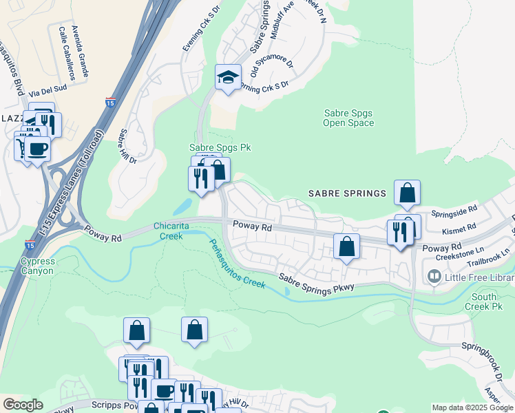 map of restaurants, bars, coffee shops, grocery stores, and more near 10902 Serafina Lane in San Diego