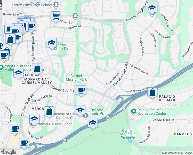 map of restaurants, bars, coffee shops, grocery stores, and more near 12667 Intermezzo Way in San Diego