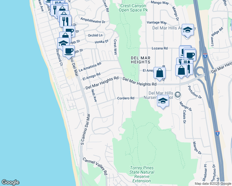 map of restaurants, bars, coffee shops, grocery stores, and more near 13709 Pine Needles Drive in Del Mar