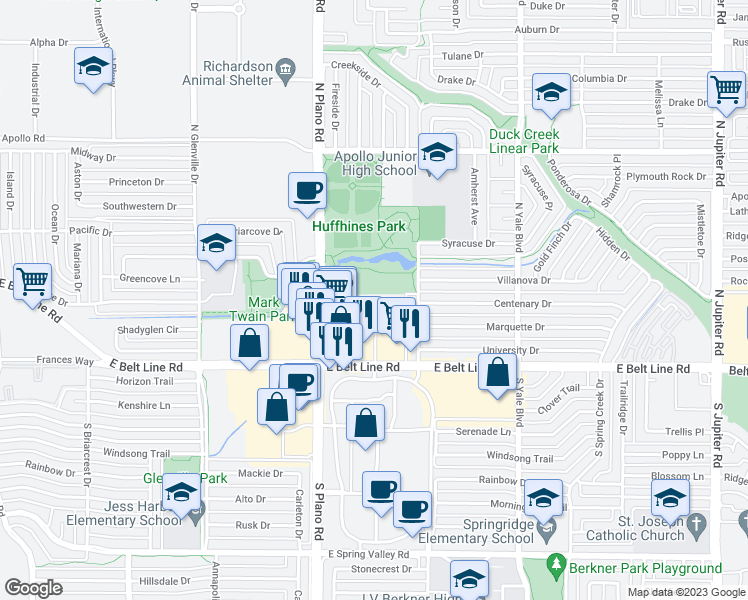 map of restaurants, bars, coffee shops, grocery stores, and more near 213 University Village Drive in Richardson