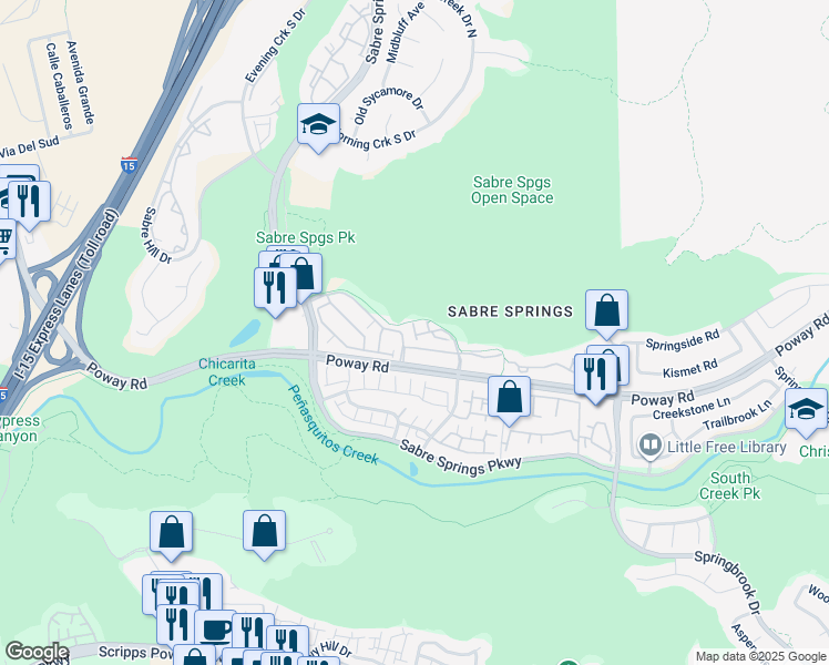 map of restaurants, bars, coffee shops, grocery stores, and more near 12706 Creekview Drive in San Diego