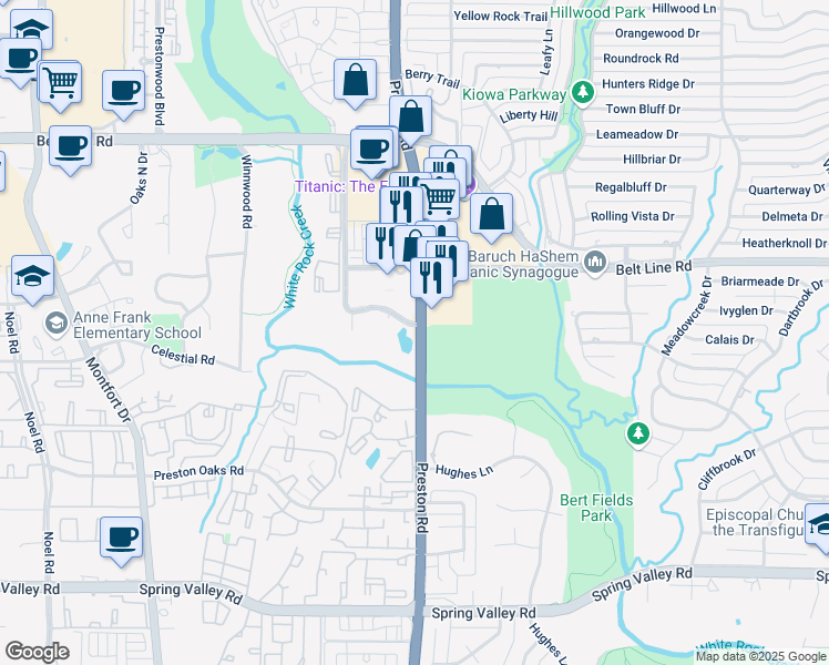 map of restaurants, bars, coffee shops, grocery stores, and more near 14725 Texas 289 in Dallas