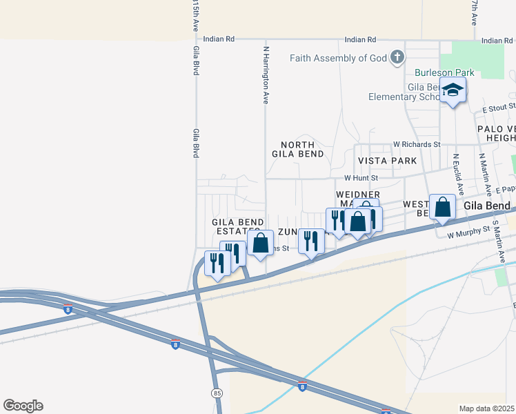 map of restaurants, bars, coffee shops, grocery stores, and more near 802 Margaret Street in Gila Bend