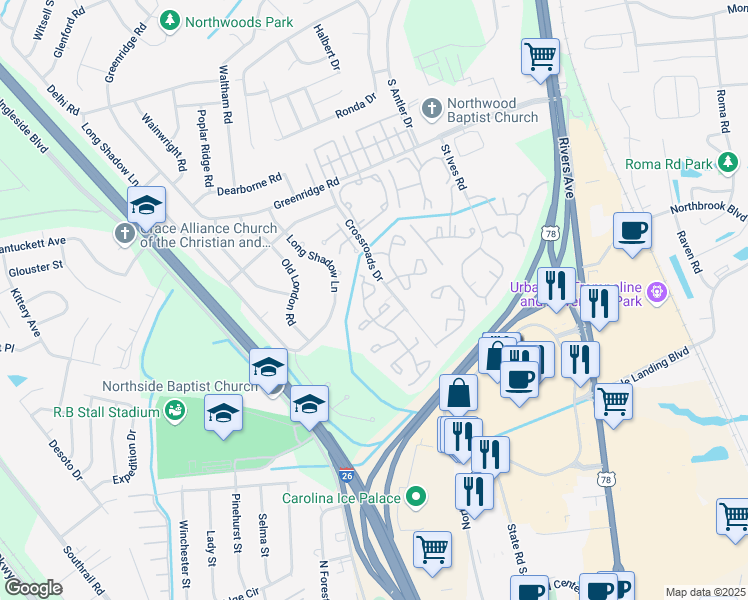 map of restaurants, bars, coffee shops, grocery stores, and more near 8106 Shadow Oak Drive in North Charleston