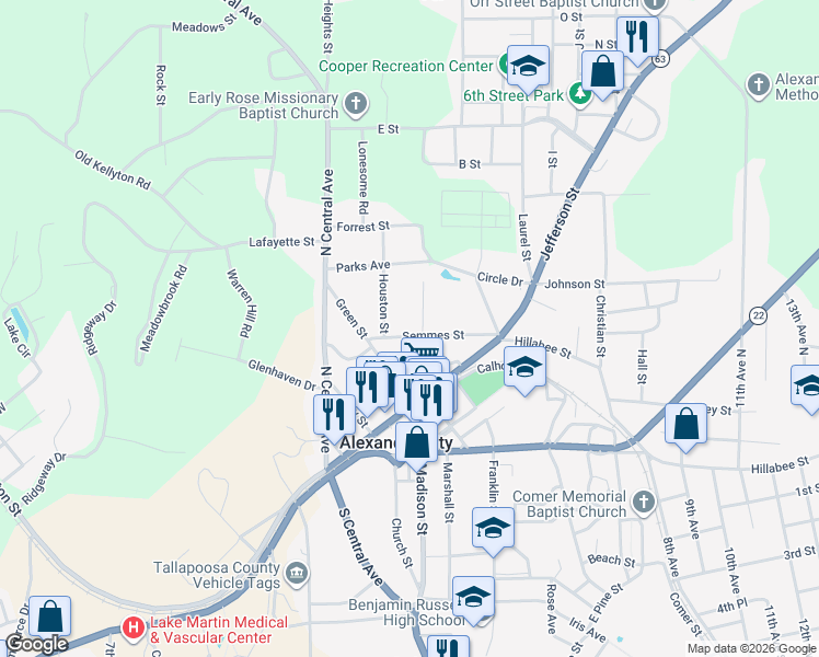 map of restaurants, bars, coffee shops, grocery stores, and more near 155 Semmes Street in Alexander City