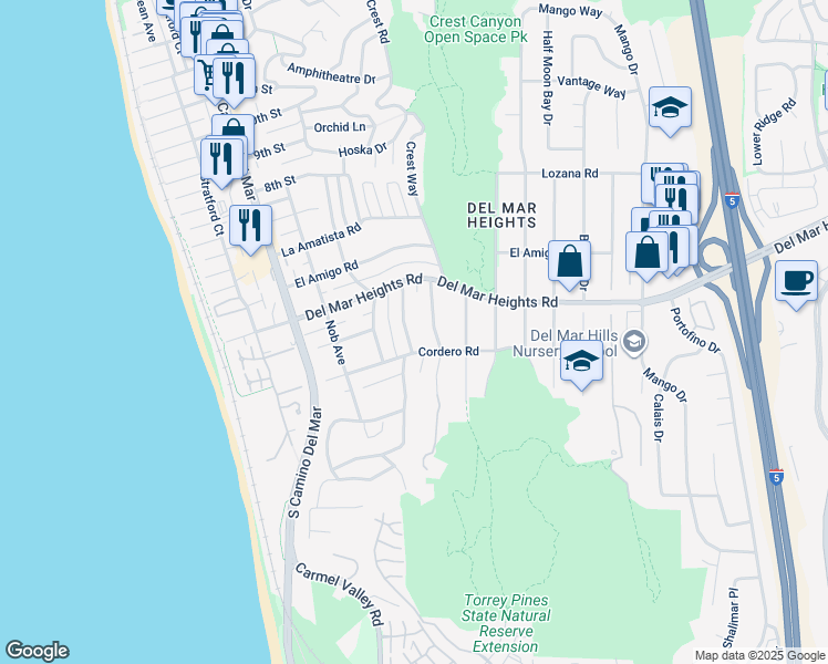 map of restaurants, bars, coffee shops, grocery stores, and more near 13721 Pine Needles Drive in Del Mar