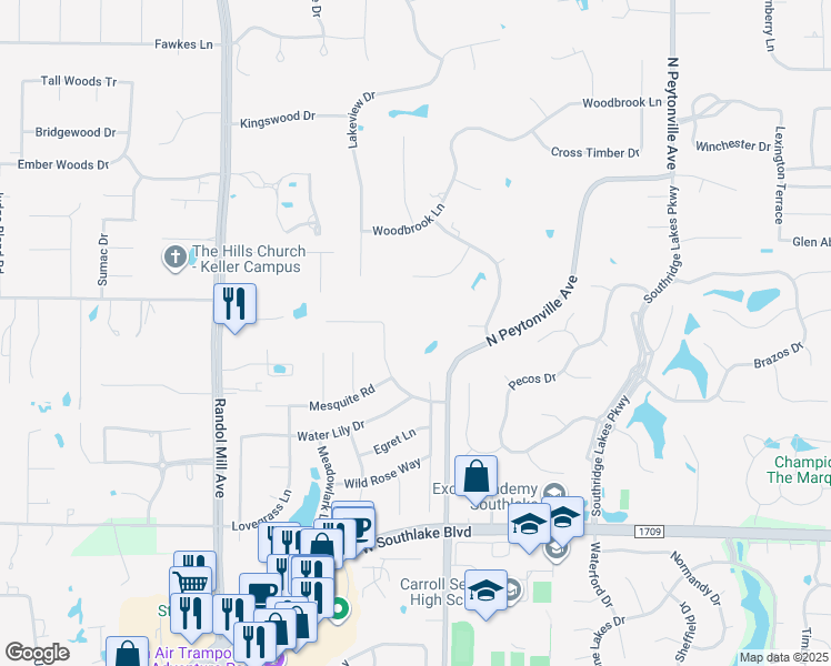 map of restaurants, bars, coffee shops, grocery stores, and more near 500 North Peytonville Avenue in Southlake