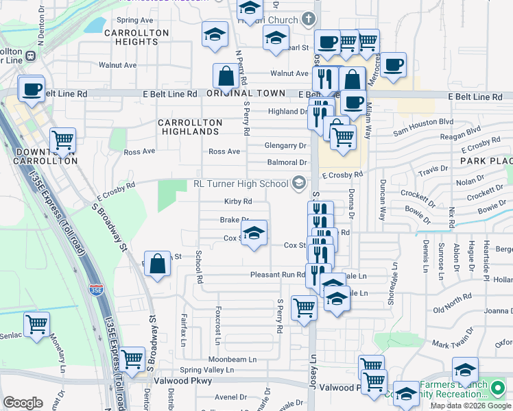 map of restaurants, bars, coffee shops, grocery stores, and more near 1806 Kirby Road in Carrollton