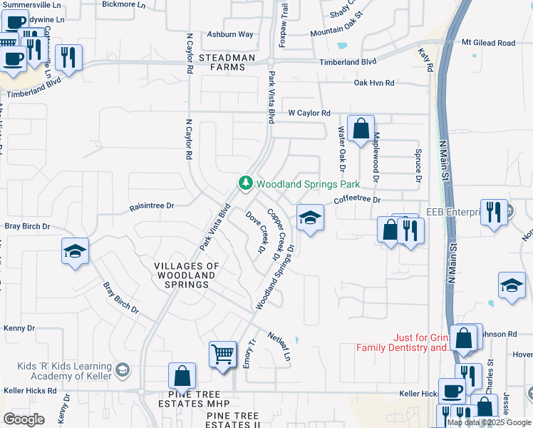 map of restaurants, bars, coffee shops, grocery stores, and more near 5304 Copper Creek Drive in Fort Worth