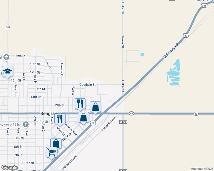 map of restaurants, bars, coffee shops, grocery stores, and more near 1304 Tinker Street in Seagraves