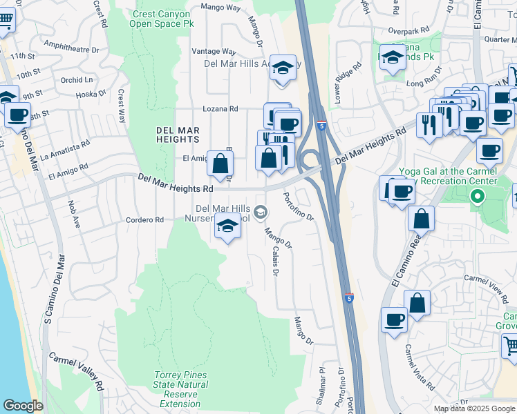map of restaurants, bars, coffee shops, grocery stores, and more near in Del Mar