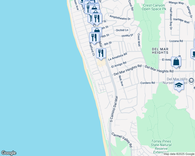 map of restaurants, bars, coffee shops, grocery stores, and more near 140 4th Street in Del Mar