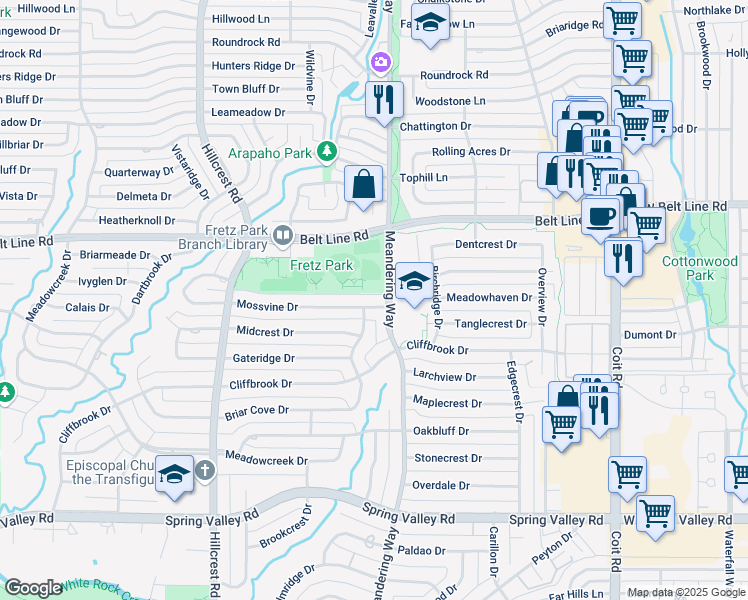 map of restaurants, bars, coffee shops, grocery stores, and more near 7221 Mossvine Drive in Dallas