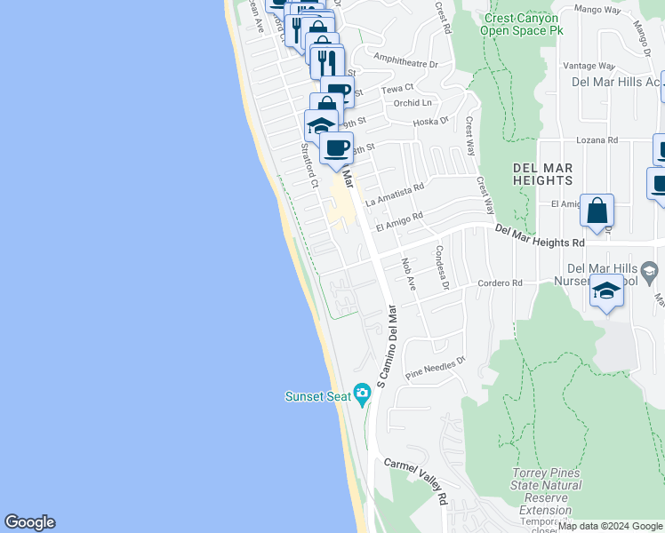 map of restaurants, bars, coffee shops, grocery stores, and more near 156 4th Street in Del Mar