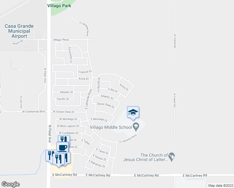 map of restaurants, bars, coffee shops, grocery stores, and more near 483 East Rio Place in Casa Grande