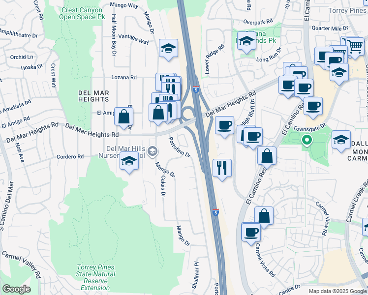 map of restaurants, bars, coffee shops, grocery stores, and more near 13665 Ruette Le Parc in Del Mar