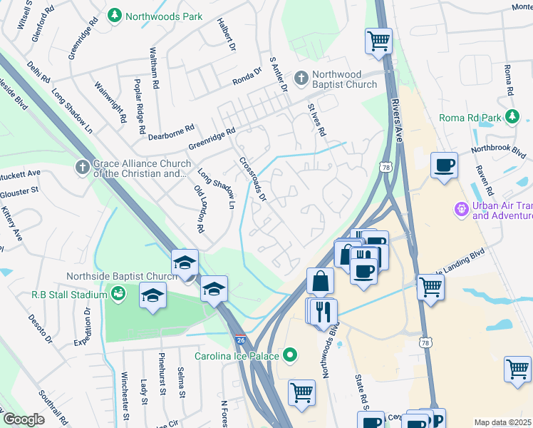 map of restaurants, bars, coffee shops, grocery stores, and more near 8106 Shadow Oak Drive in North Charleston