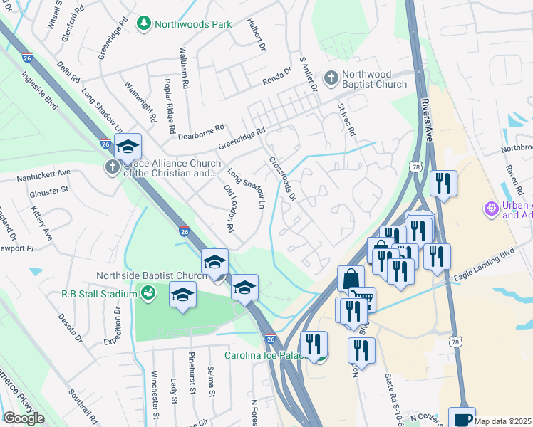 map of restaurants, bars, coffee shops, grocery stores, and more near 7899 Long Shadow Lane in North Charleston