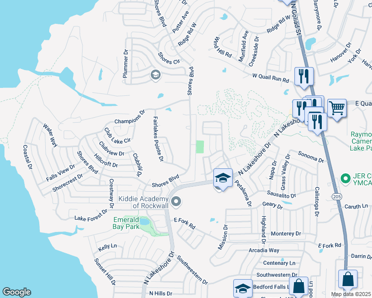 map of restaurants, bars, coffee shops, grocery stores, and more near 1290 Shores Boulevard in Rockwall