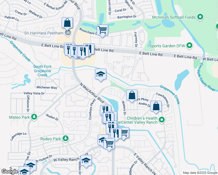 map of restaurants, bars, coffee shops, grocery stores, and more near 507 Lilly Court in Irving