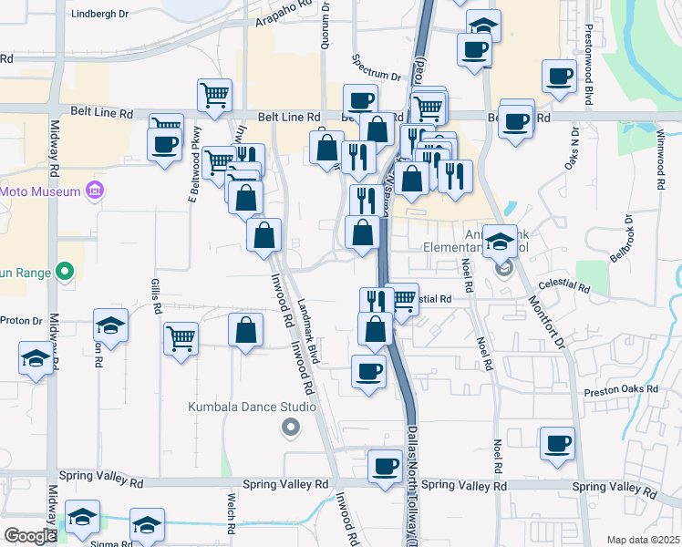 map of restaurants, bars, coffee shops, grocery stores, and more near 5000 Quorum Drive in Dallas