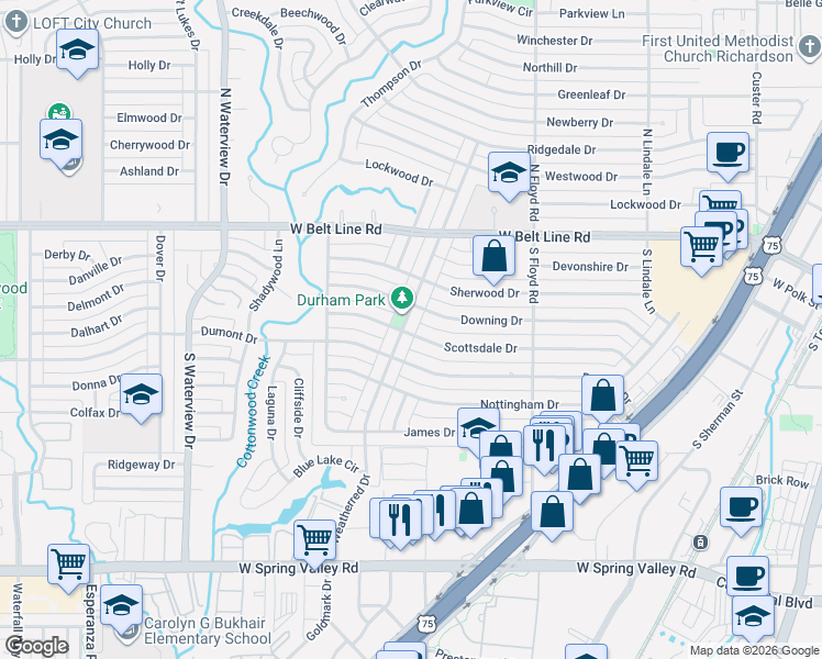map of restaurants, bars, coffee shops, grocery stores, and more near 743 Scottsdale Drive in Richardson