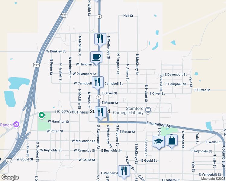 map of restaurants, bars, coffee shops, grocery stores, and more near 210 East Oliver Street in Stamford