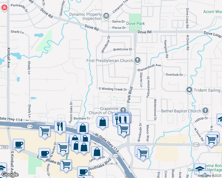 map of restaurants, bars, coffee shops, grocery stores, and more near 2157 Winding Creek Dr S in Grapevine