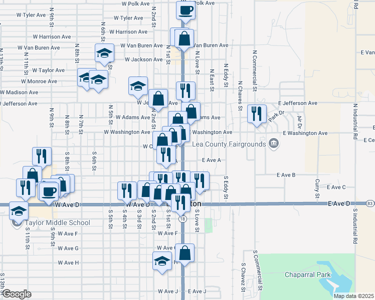 map of restaurants, bars, coffee shops, grocery stores, and more near 106 East Central Avenue in Lovington
