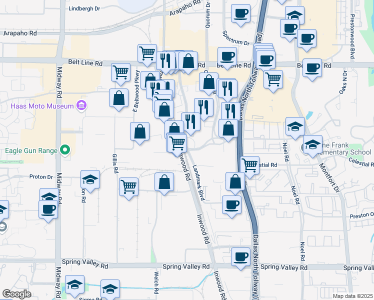 map of restaurants, bars, coffee shops, grocery stores, and more near 14611 Landmark Boulevard in Dallas