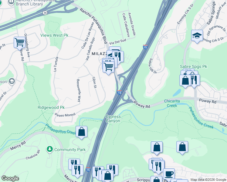 map of restaurants, bars, coffee shops, grocery stores, and more near 9859 Paseo Montril in San Diego
