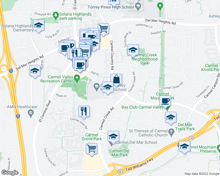map of restaurants, bars, coffee shops, grocery stores, and more near 3790 Mykonos Lane in San Diego