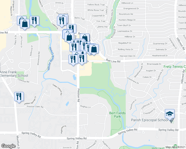 map of restaurants, bars, coffee shops, grocery stores, and more near 6050 Belt Line Road in Dallas