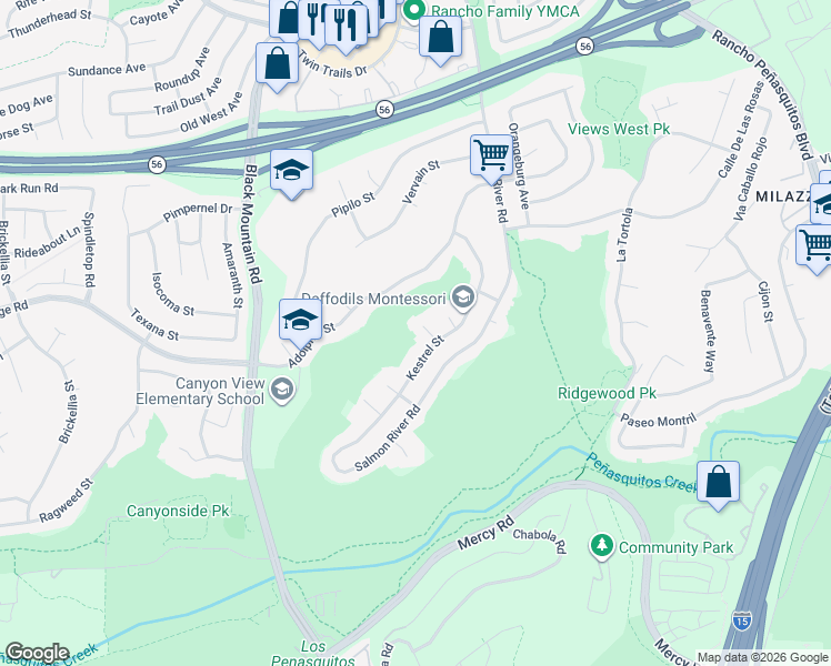 map of restaurants, bars, coffee shops, grocery stores, and more near 12609 Kestrel Street in San Diego