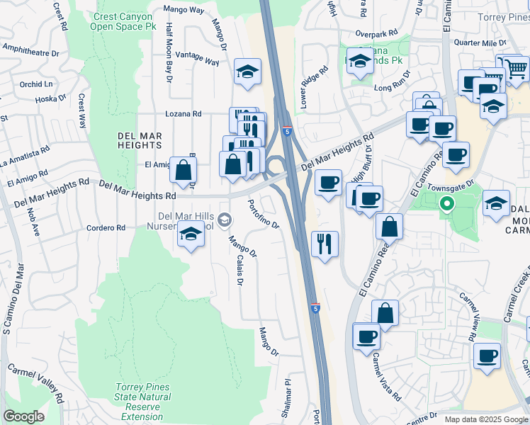 map of restaurants, bars, coffee shops, grocery stores, and more near 13710 Portofino Drive in Del Mar