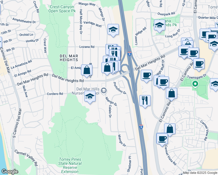 map of restaurants, bars, coffee shops, grocery stores, and more near 13754 Mango Drive in Del Mar