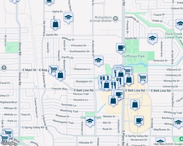 map of restaurants, bars, coffee shops, grocery stores, and more near 1134 Wake Drive in Richardson