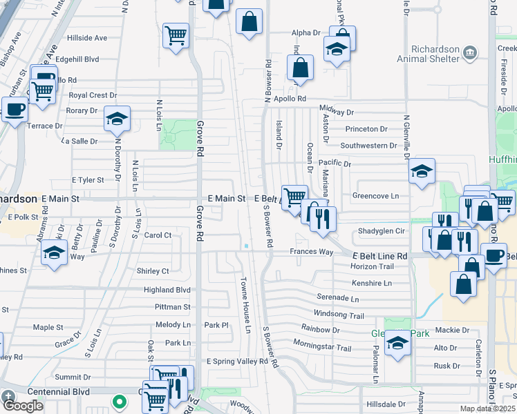 map of restaurants, bars, coffee shops, grocery stores, and more near 104 South Bowser Road in Richardson