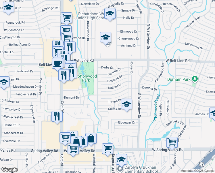 map of restaurants, bars, coffee shops, grocery stores, and more near 1243 Dalhart Drive in Richardson