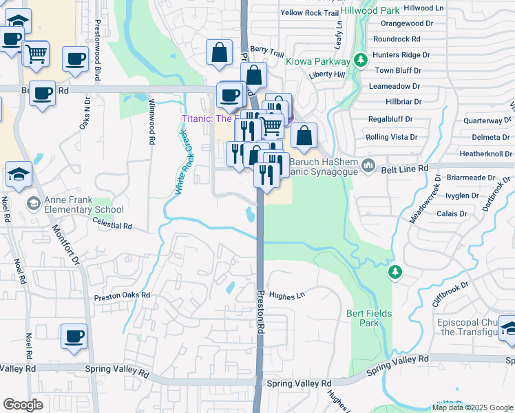 map of restaurants, bars, coffee shops, grocery stores, and more near 14725 Texas 289 in Dallas