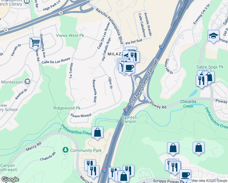 map of restaurants, bars, coffee shops, grocery stores, and more near 12651 Cijon Street in San Diego