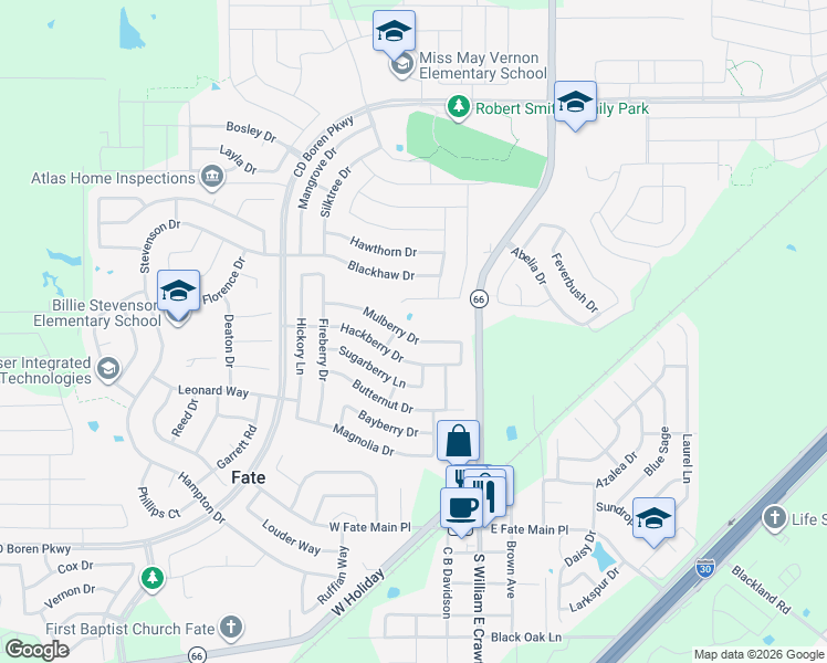 map of restaurants, bars, coffee shops, grocery stores, and more near 222 Mulberry Drive in Rockwall