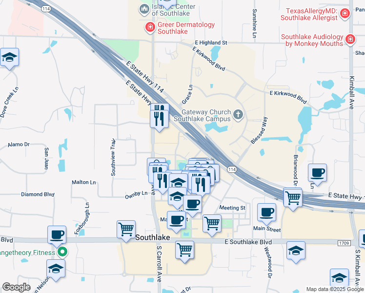 map of restaurants, bars, coffee shops, grocery stores, and more near 601 State Street in Southlake