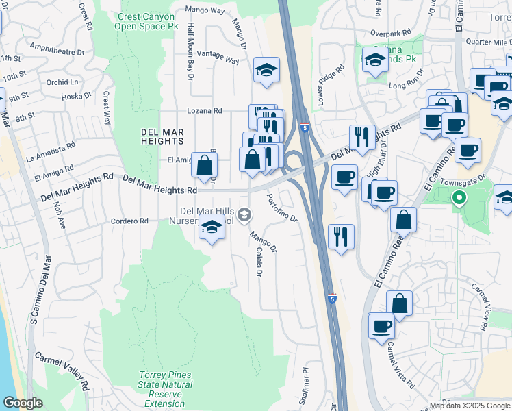 map of restaurants, bars, coffee shops, grocery stores, and more near 13735 Mango Drive in Del Mar