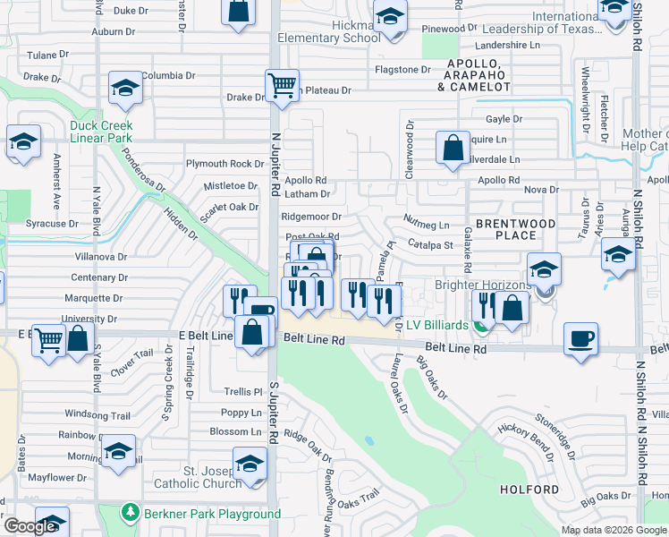 map of restaurants, bars, coffee shops, grocery stores, and more near 3126 Fieldview Drive in Garland